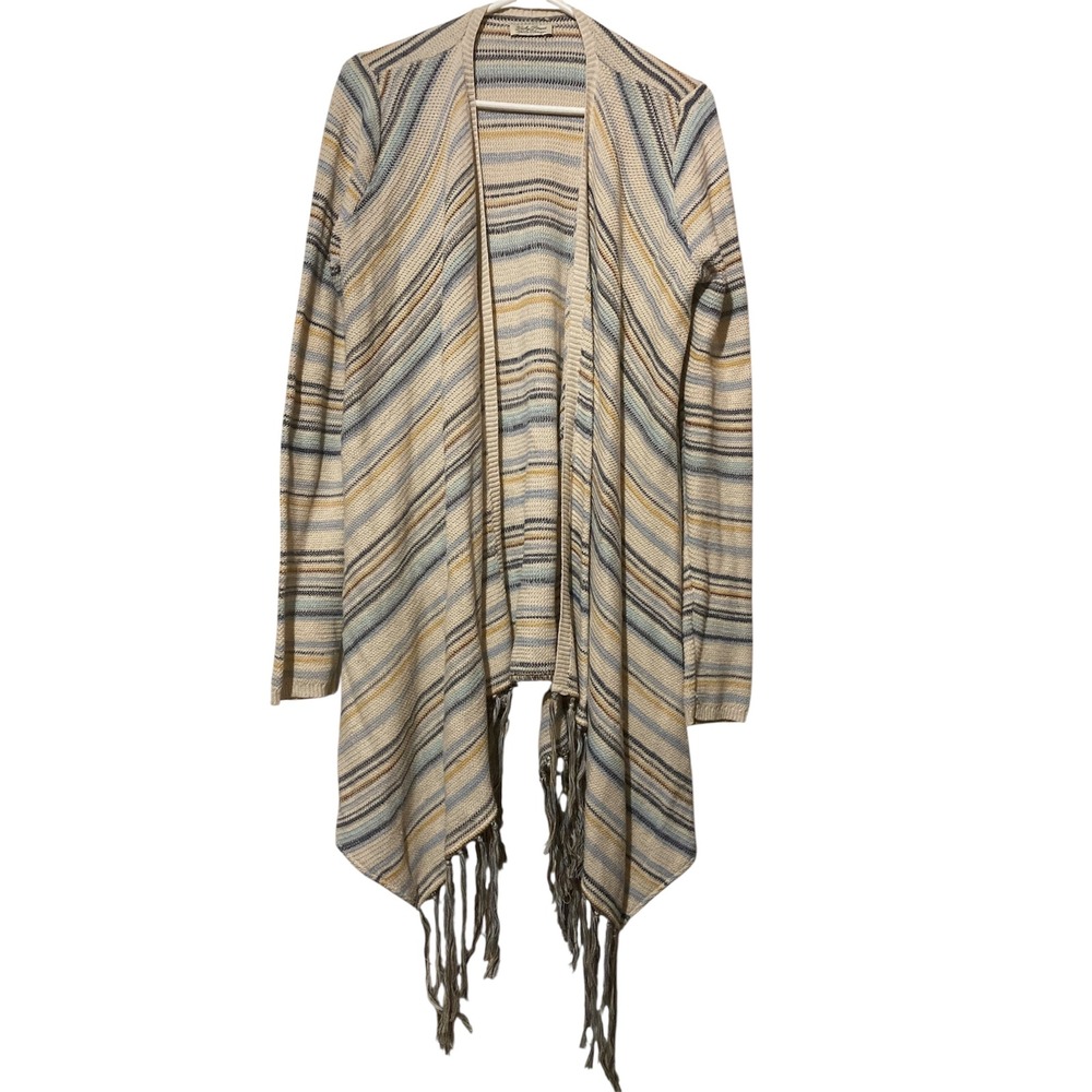 Lucky Brand Womens Striped Fringe Open Front Cardigan Sweater Blue Tan Boho